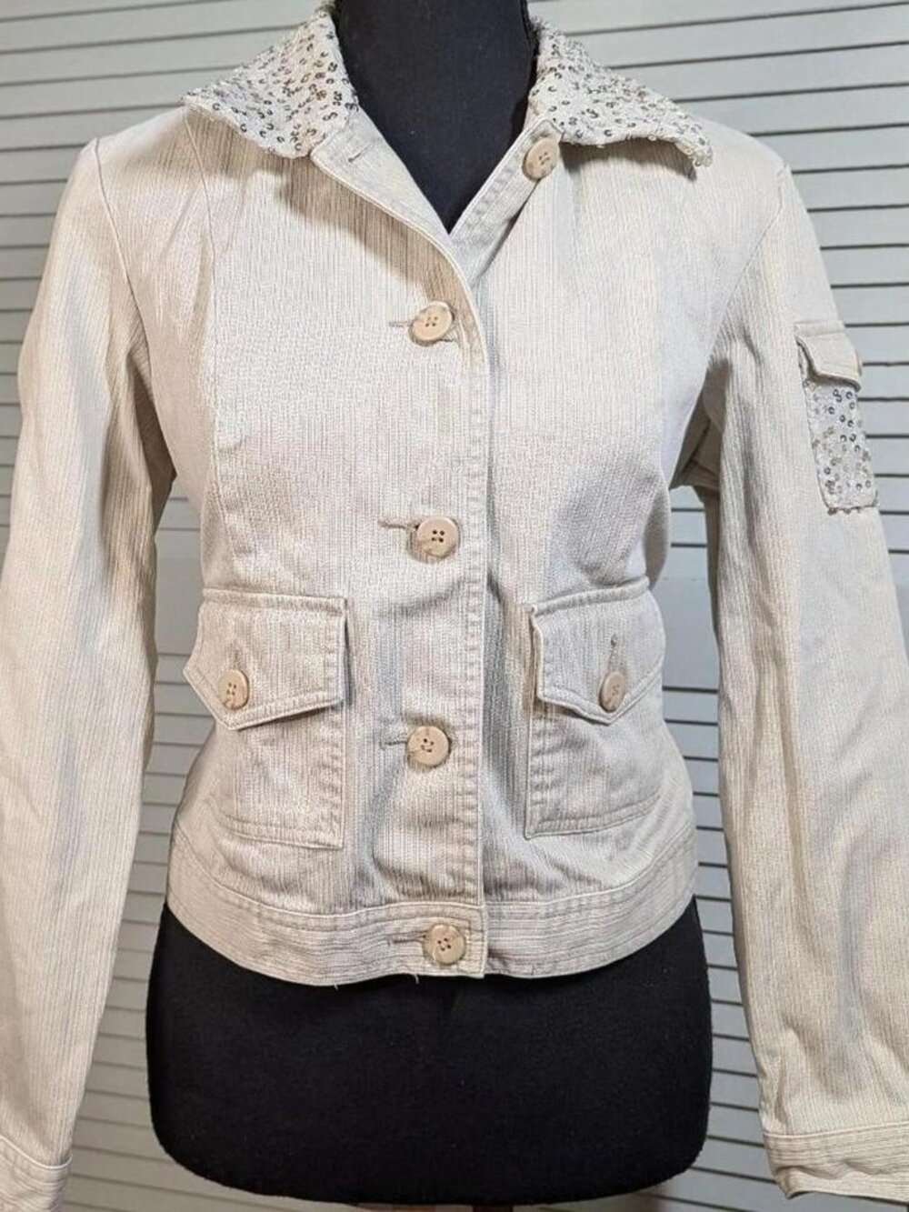 Cream Khaki Golden Sequin cargo jacket